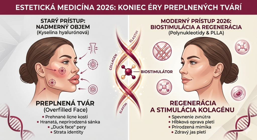 Porovnanie preplnenej tváre s dug face a prirodzeného liftingu s biostimulátormi pleti